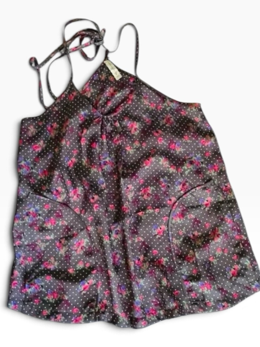 Floral Polka Dot Halter Top S/M Tie Back Pockets